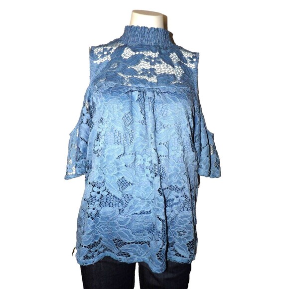 G Collection XL Blue Lace Overlay Shirt Pullover Mock Neck Cold Shoulder Top - Picture 1 of 15
